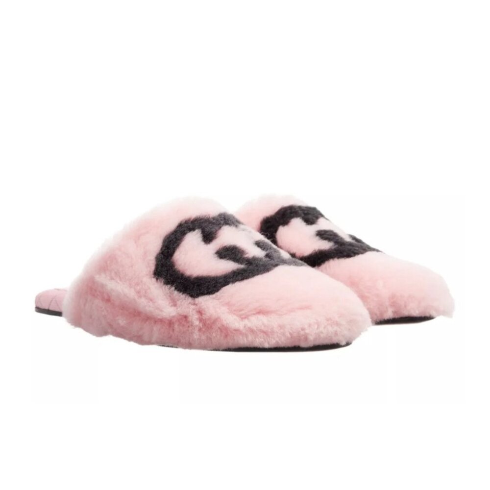 GUCCI Interlocking GG Faux-Fur Glam Slippers Rose-Black Sandals Size 37.5
